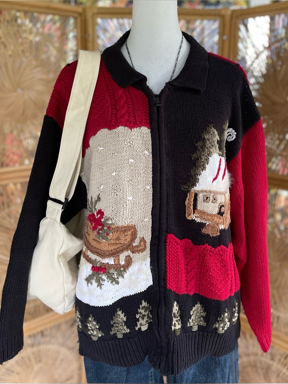 Vintage Venezia Jeans Red Black Knit Embroidered Christmas Cabin Tree Cardigan